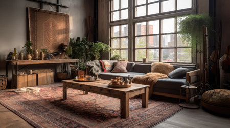Concept illustration of a rustic living room in an industrial style, filled with vintage decor and cozy textiles. Generative AIの素材