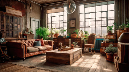 Concept illustration of a rustic living room in an industrial style, filled with vintage decor and cozy textiles. Generative AIの素材