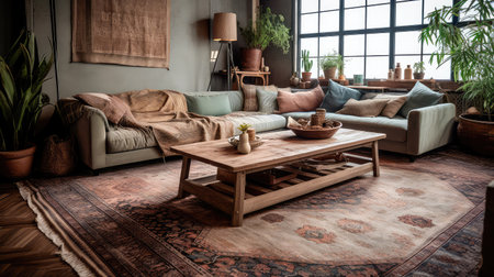Concept illustration of a rustic living room in an industrial style, filled with vintage decor and cozy textiles. Generative AIの素材