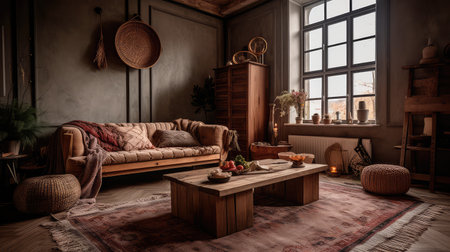Concept illustration of a rustic living room in an industrial style, filled with vintage decor and cozy textiles. Generative AIの素材