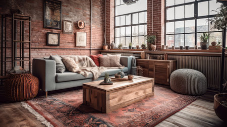 Concept illustration of a rustic living room in an industrial style, filled with vintage decor and cozy textiles. Generative AIの素材