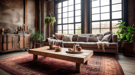 Concept illustration of a rustic living room in an industrial style, filled with vintage decor and cozy textiles. Generative AIの素材