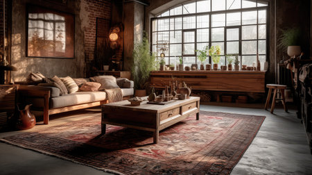 Concept illustration of a rustic living room in an industrial style, filled with vintage decor and cozy textiles. Generative AIの素材