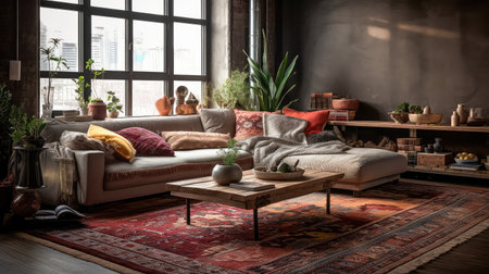 Concept illustration of a rustic living room in an industrial style, filled with vintage decor and cozy textiles. Generative AIの素材