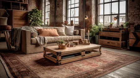 Concept illustration of a rustic living room in an industrial style, filled with vintage decor and cozy textiles. Generative AIの素材