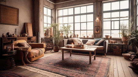 Concept illustration of a rustic living room in an industrial style, filled with vintage decor and cozy textiles. Generative AIの素材