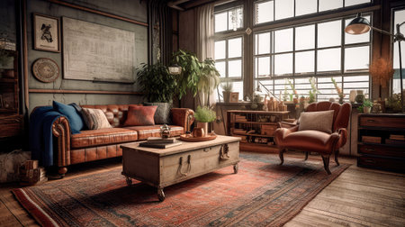Concept illustration of a rustic living room in an industrial style, filled with vintage decor and cozy textiles. Generative AIの素材
