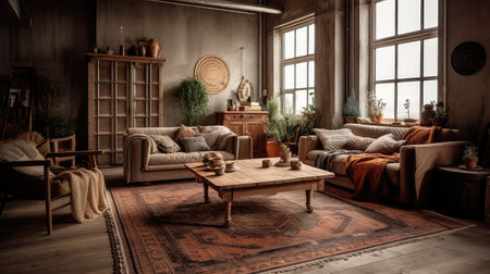 Concept illustration of a rustic living room in an industrial style, filled with vintage decor and cozy textiles. Generative AIの素材