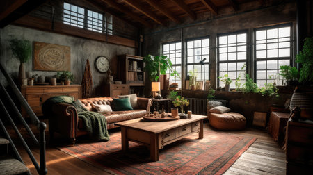 Concept illustration of a rustic living room in an industrial style, filled with vintage decor and cozy textiles. Generative AIの素材