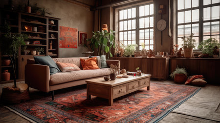 Concept illustration of a rustic living room in an industrial style, filled with vintage decor and cozy textiles. Generative AIの素材