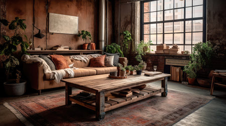 Concept illustration of a rustic living room in an industrial style, filled with vintage decor and cozy textiles. Generative AIの素材