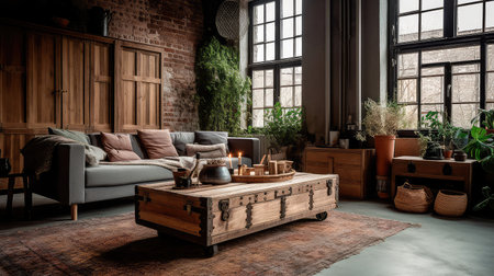 Concept illustration of a rustic living room in an industrial style, filled with vintage decor and cozy textiles. Generative AIの素材