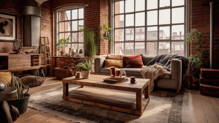 Concept illustration of a rustic living room in an industrial style, filled with vintage decor and cozy textiles. Generative AIの素材
