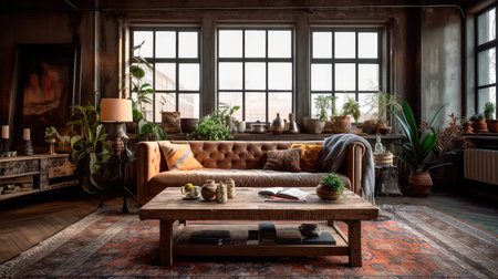 Concept illustration of a rustic living room in an industrial style, filled with vintage decor and cozy textiles. Generative AIの素材