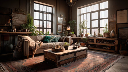 Concept illustration of a rustic living room in an industrial style, filled with vintage decor and cozy textiles. Generative AIの素材