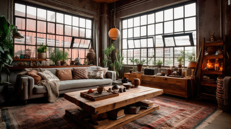 Concept illustration of a rustic living room in an industrial style, filled with vintage decor and cozy textiles. Generative AIの素材