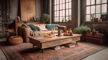 Concept illustration of a rustic living room in an industrial style, filled with vintage decor and cozy textiles. Generative AIの素材