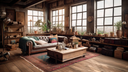 Concept illustration of a rustic living room in an industrial style, filled with vintage decor and cozy textiles. Generative AIの素材