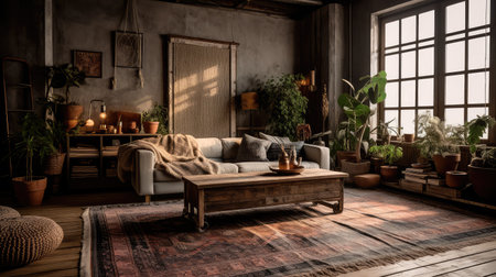 Concept illustration of a rustic living room in an industrial style, filled with vintage decor and cozy textiles. Generative AIの素材