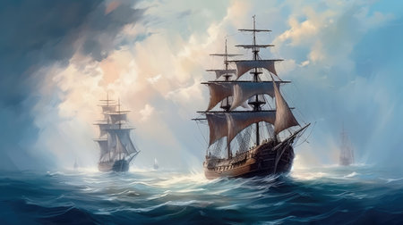 Concept illustration of large ship sailing the ocean, Ivan Aivazovsky style. Generative AIの素材