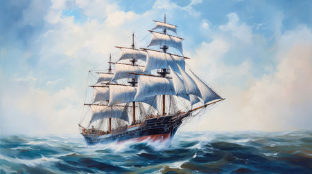 Concept illustration of large ship sailing the ocean, oil painting art. Generative AIの素材