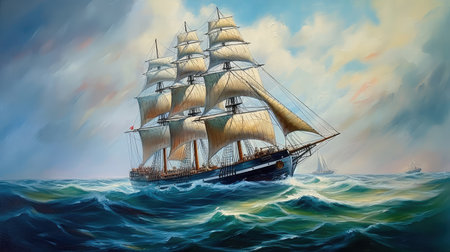 Concept illustration of large ship sailing the ocean, oil painting art. Generative AIの素材