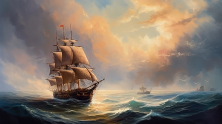 Concept illustration of large ship sailing the ocean, Ivan Aivazovsky style. Generative AIの素材