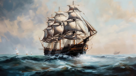 Concept illustration of large ship sailing the ocean, Ivan Aivazovsky style. Generative AIの素材
