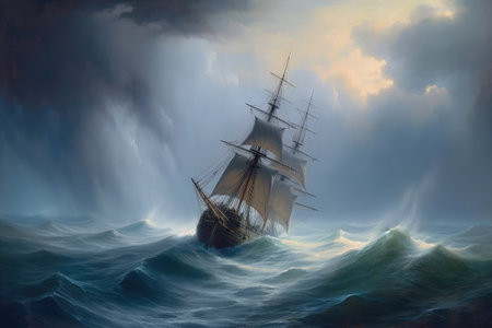 Concept illustration of large ship sailing the ocean, Ivan Aivazovsky style. Generative AIの素材