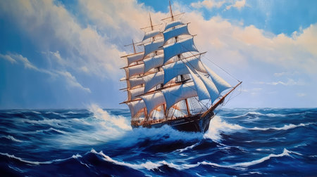 Concept illustration of large ship sailing the ocean, oil painting art. Generative AIの素材