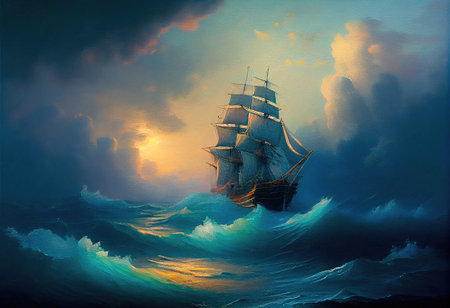 Concept illustration of large ship sailing the ocean, Ivan Aivazovsky style. Generative AIの素材