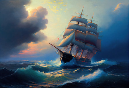 Concept illustration of large ship sailing the ocean, Ivan Aivazovsky style. Generative AIの素材