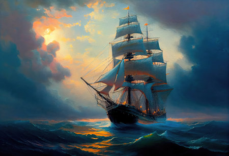 Concept illustration of large ship sailing the ocean, Ivan Aivazovsky style. Generative AIの素材