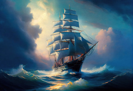 Concept illustration of large ship sailing the ocean, Ivan Aivazovsky style. Generative AIの素材