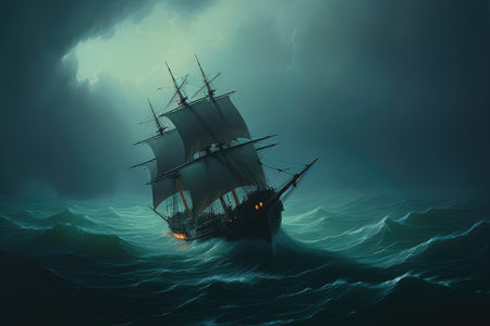 Concept illustration of large ship sailing the ocean, Ivan Aivazovsky style. Generative AIの素材