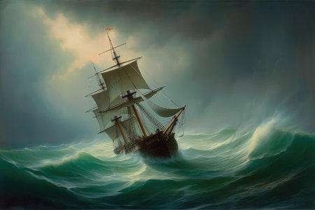 Concept illustration of large ship sailing the ocean, Ivan Aivazovsky style. Generative AIの素材