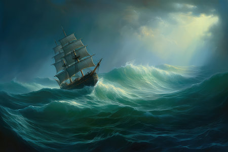 Concept illustration of large ship sailing the ocean, Ivan Aivazovsky style. Generative AIの素材