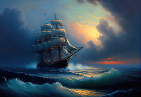 Concept illustration of large ship sailing the ocean, Ivan Aivazovsky style. Generative AIの素材