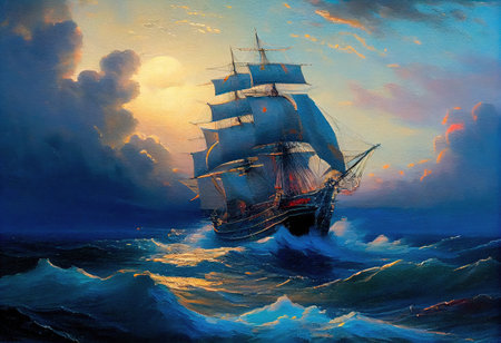 Concept illustration of large ship sailing the ocean, Ivan Aivazovsky style. Generative AIの素材