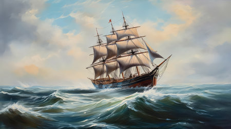 Concept illustration of large ship sailing the ocean, Ivan Aivazovsky style. Generative AIの素材