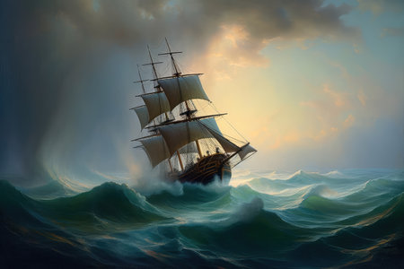 Concept illustration of large ship sailing the ocean, Ivan Aivazovsky style. Generative AIの素材