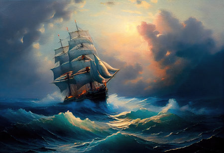 Concept illustration of large ship sailing the ocean, Ivan Aivazovsky style. Generative AIの素材