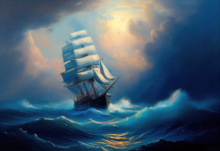 Concept illustration of large ship sailing the ocean, Ivan Aivazovsky style. Generative AIの素材