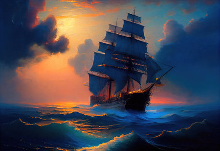 Concept illustration of large ship sailing the ocean, Ivan Aivazovsky style. Generative AIの素材