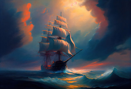 Concept illustration of large ship sailing the ocean, Ivan Aivazovsky style. Generative AIの素材