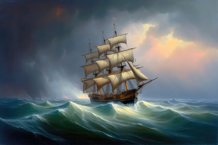 Concept illustration of large ship sailing the ocean, Ivan Aivazovsky style. Generative AIの素材
