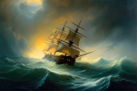 Concept illustration of large ship sailing the ocean, Ivan Aivazovsky style. Generative AIの素材
