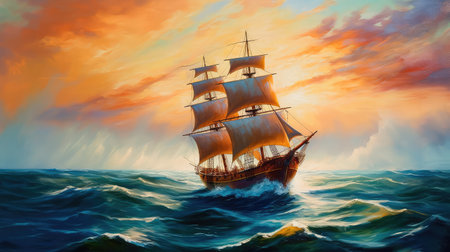 Concept illustration of large ship sailing the ocean, Ivan Aivazovsky style. Generative AIの素材
