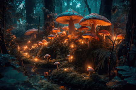 Concept illustration of a bright enchanted forest with magical mushrooms. Generative AIの素材