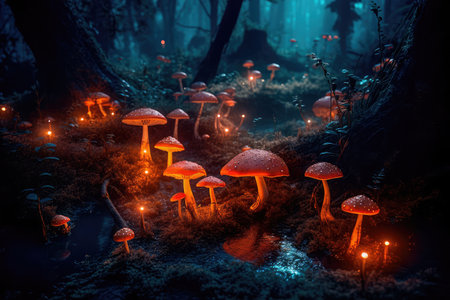 Concept illustration of a bright enchanted forest with magical mushrooms. Generative AIの素材